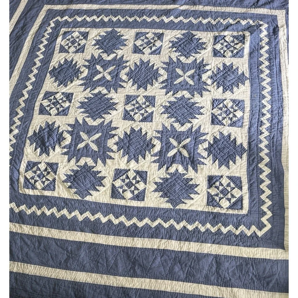 Vintage Cornflower Blue & White Handmade Quilt Sampler Geometric Zig Zag 85x90